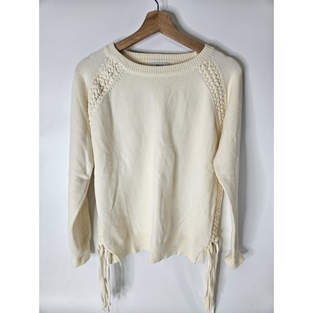 Fate Ivory White Cable Knit Fringe Sleeve Boho Crewneck Sweater Women's Small